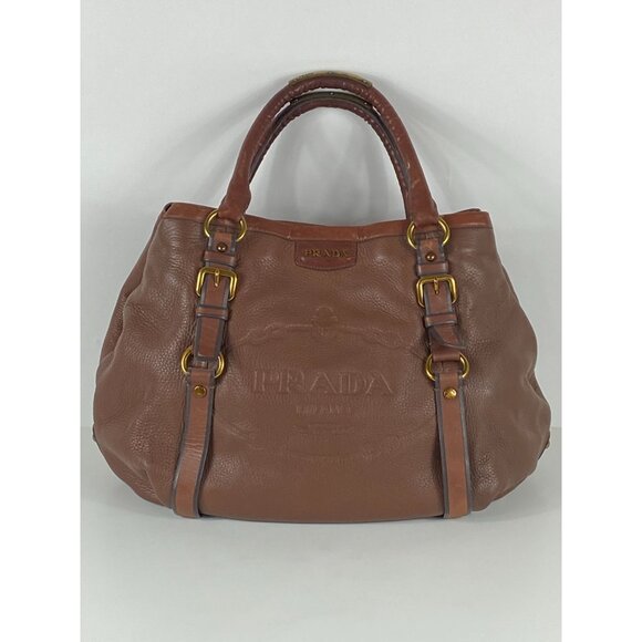 Prada Brown Leather Shoulder Hand Bag w/ Gold Hardware Women's F172 - Picture 1 of 8